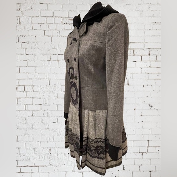 100% Wool Gray Black Lace with Hoodie Pleated Jacket Pea Coat Double Breasted - Picture 3 of 10